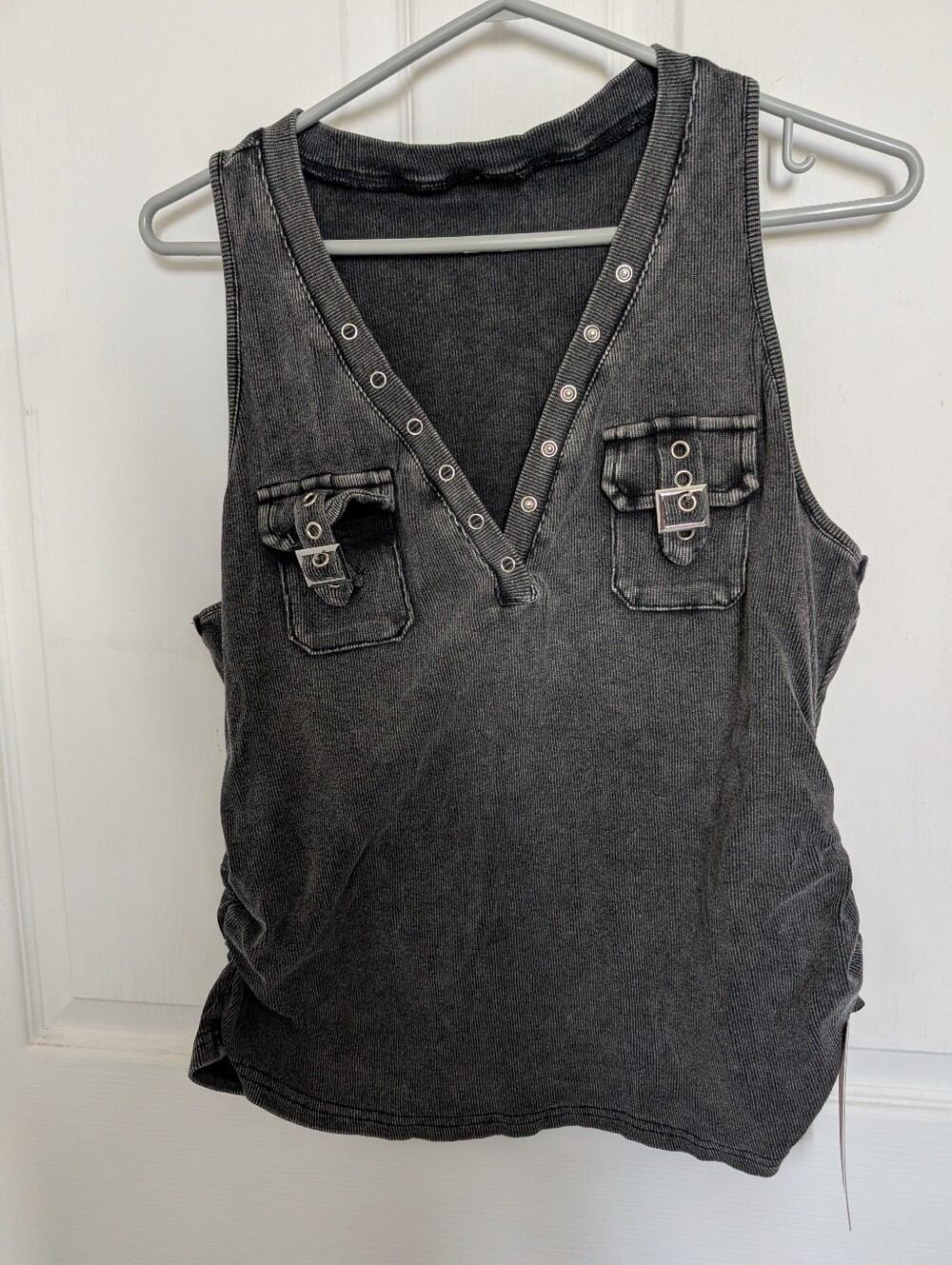 Goth Punk NWT Washed Black V-Neck Utility Tank Top - Women's
